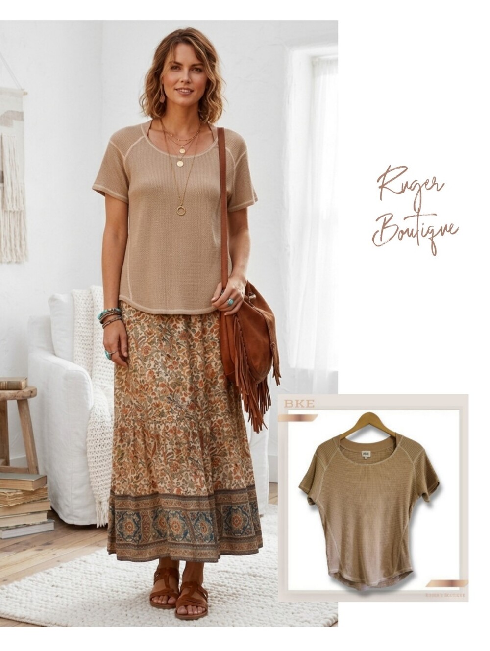 🌿​BKE Women's Small Beige Tan Waffle Knit Short Sleeve Casual Top